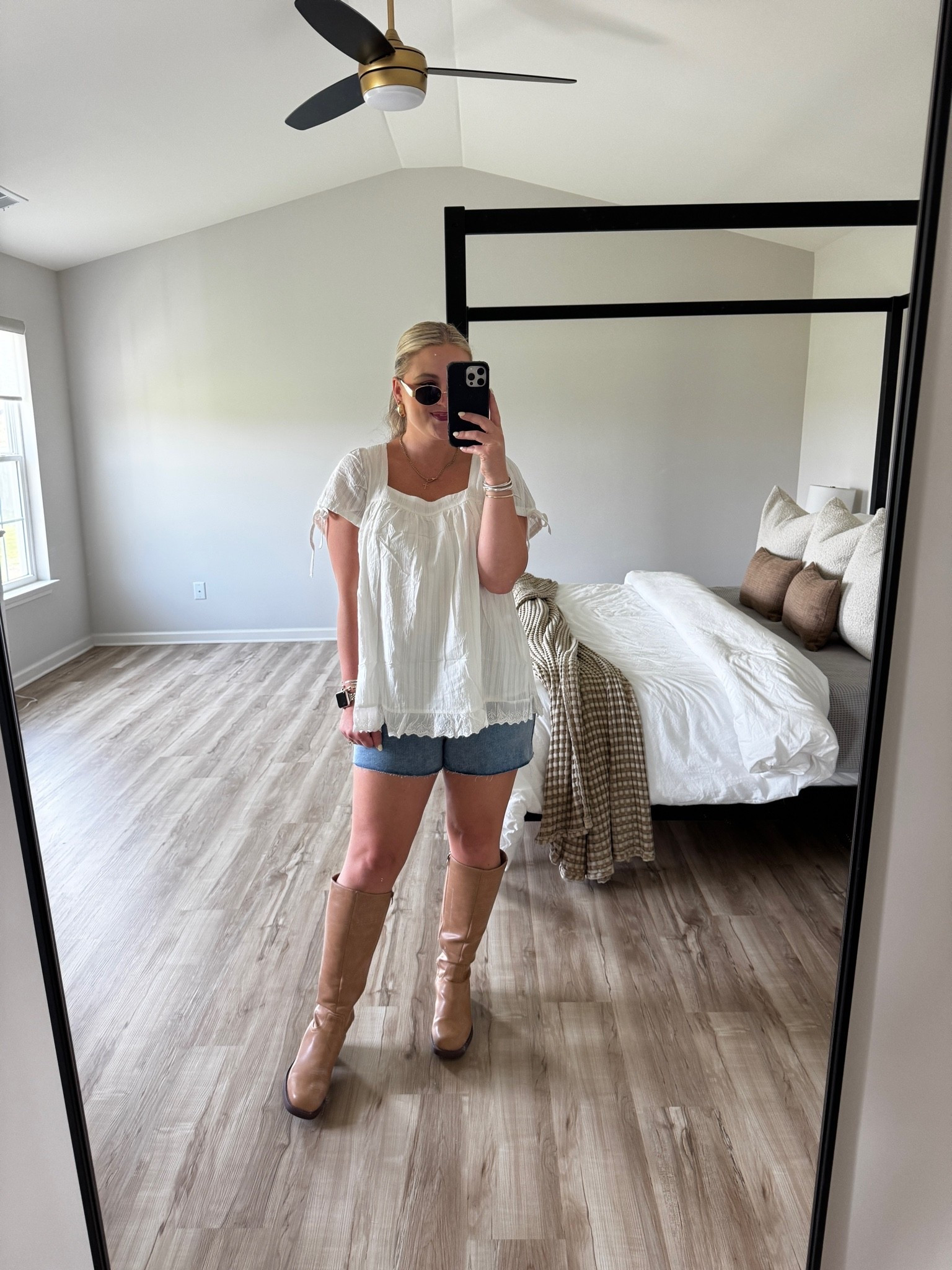 the perfect Amazon top & denim shorts - wearing a small in the top & medium in the shorts