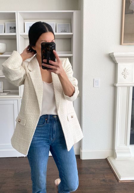 •Beautiful boucle blazer. I’m wearing a U.S. size 4. 
•Ivory camisole in an Xs.
•Cropped jeans. I went down a size for the perfect fit.
•Linen textured mules by Sam Edelman. 

Office outfit 
Realtor outfit 
Madewell kick out crop jeans.
Workwear 
Boucle blazer

#LTKstyletip #LTKSeasonal #LTKworkwear