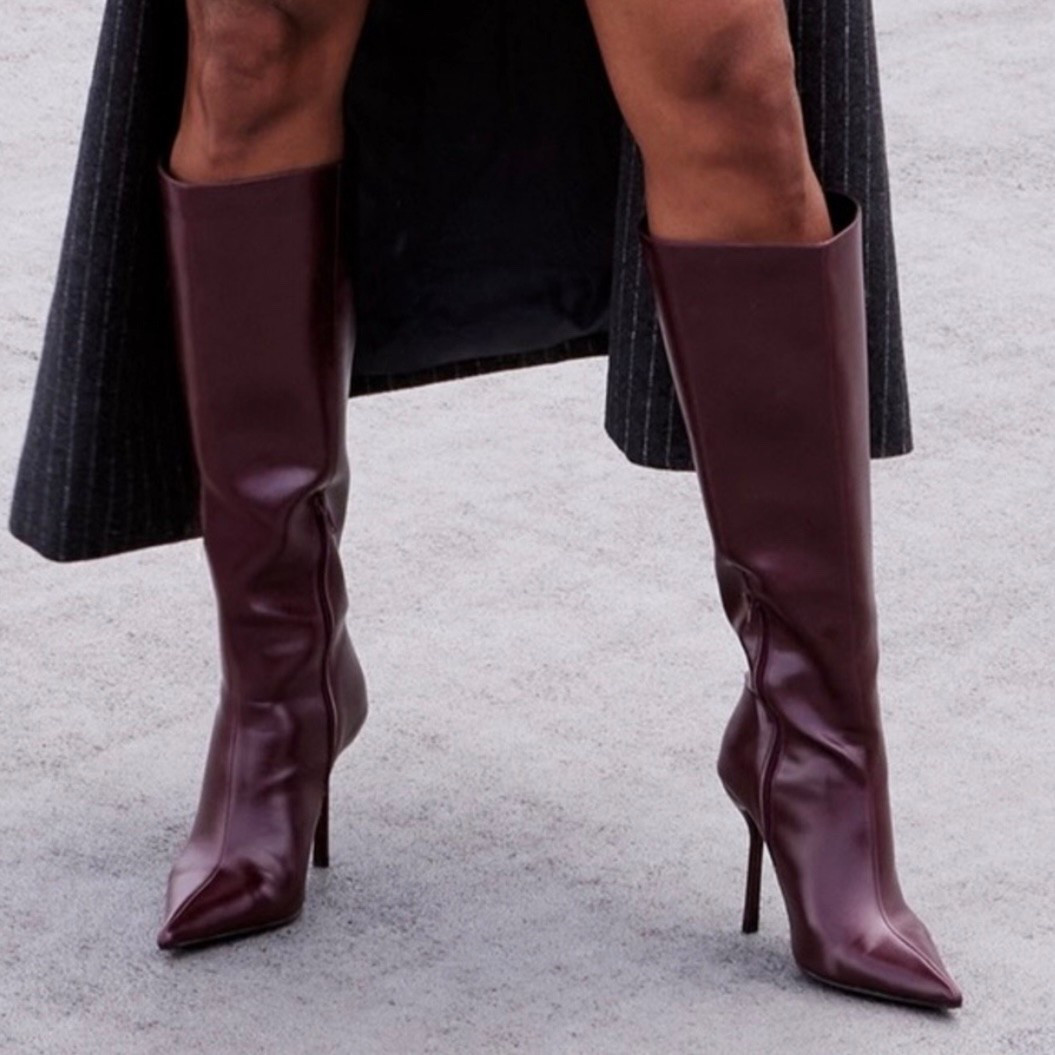 NWOT BURGUNDY PU POINT TOE KNEE HIGH STILETTO HEELED BOOTS SIZE 7 (fit like 8)