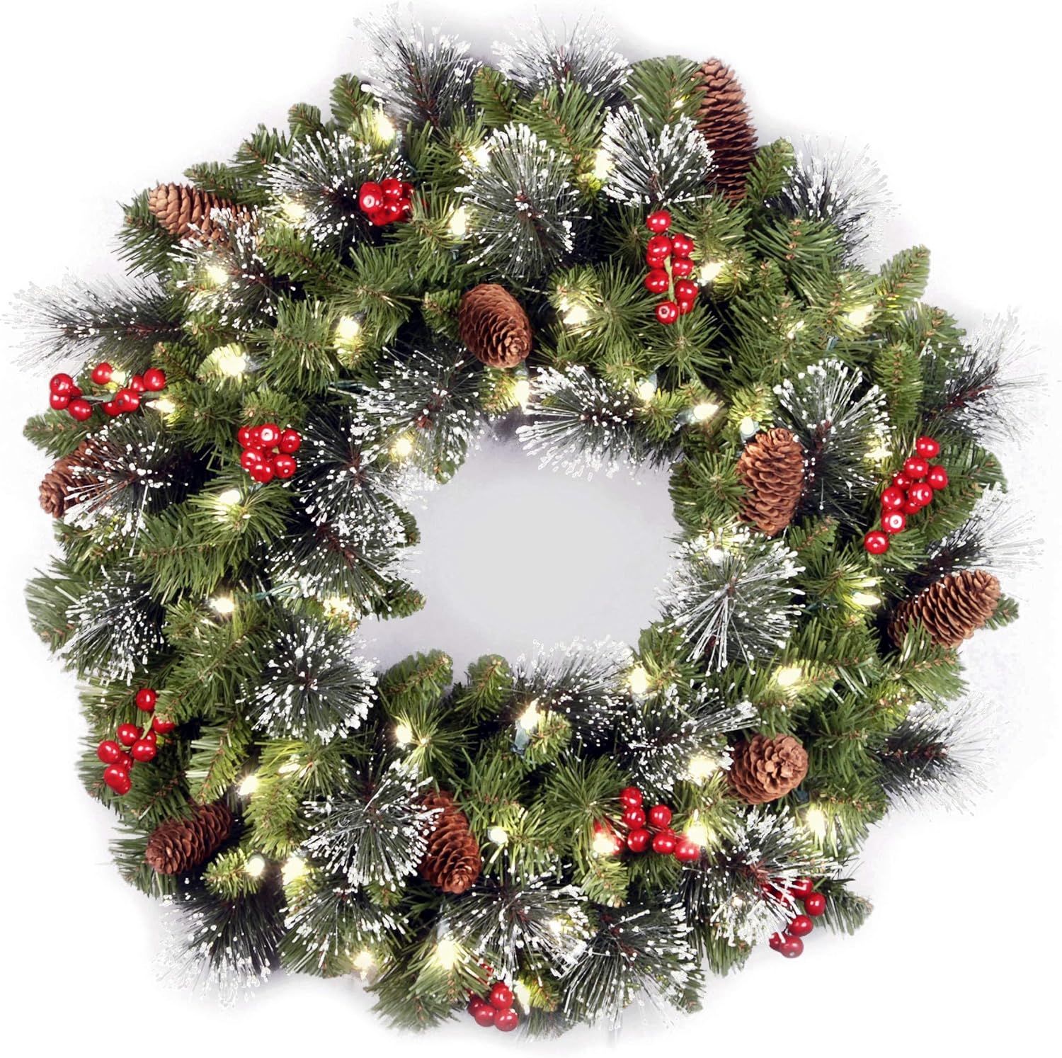 National Tree 24 Inch Crestwood Spruce Wreath with Silver Bristles, Cones, Red Berries and 50 Bat... | Amazon (CA)