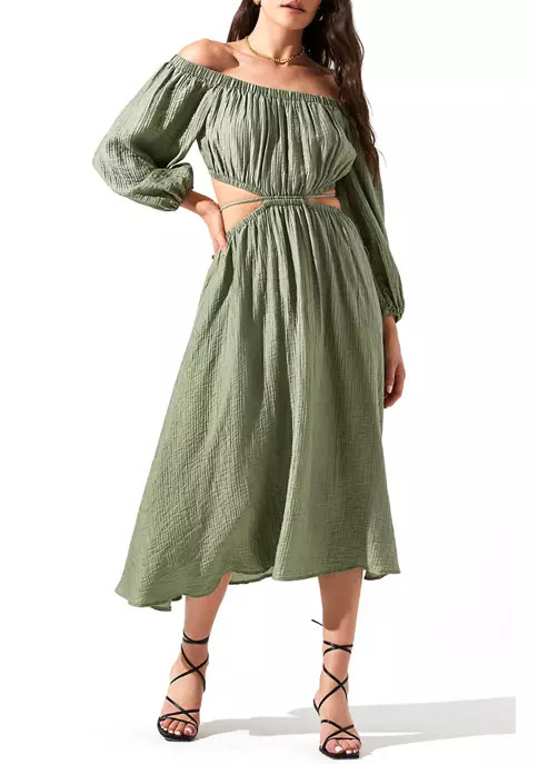 Women's Blouson Sleeve Center Cutout Off-the-Shoulder Midi Dress | Belk