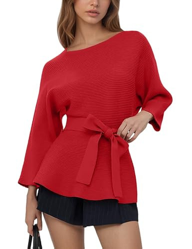 Fameetor Women Peplum Ribbed Knitted Pullover Sweaters Fall Dressy Causal Crewneck 3/4 Sleeve Jumper Tops with Belt Red | Amazon (US)