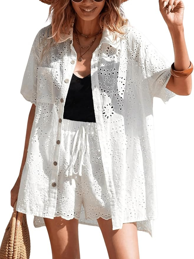 Women's 2 Piece Short Sleeve Collar Neck Eyelet Embroidery Button Front Blouse and Shorts Sets | Amazon (US)