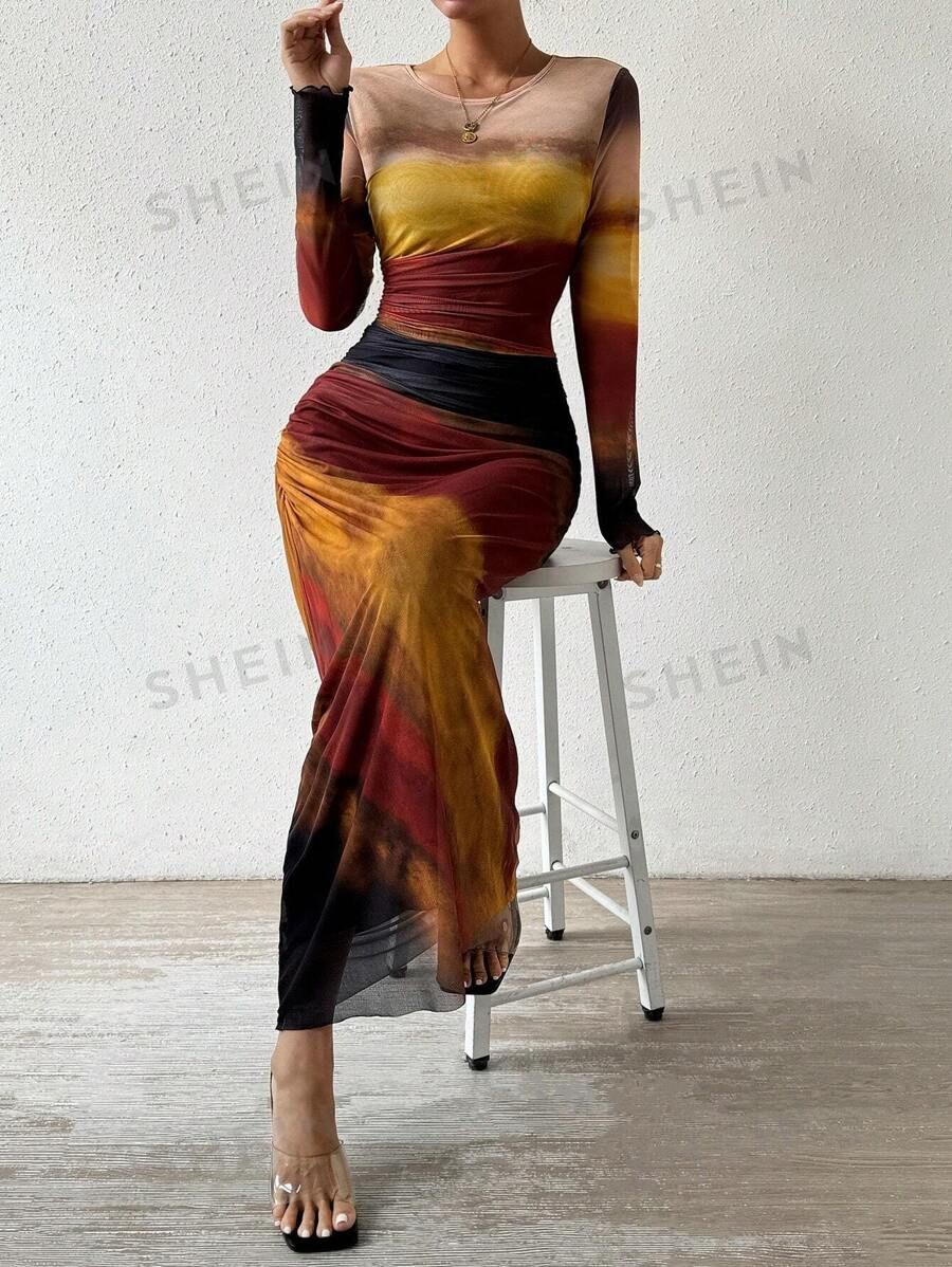 SHEIN BAE Slim Fit Tie Dye Long Sleeve Dress | SHEIN