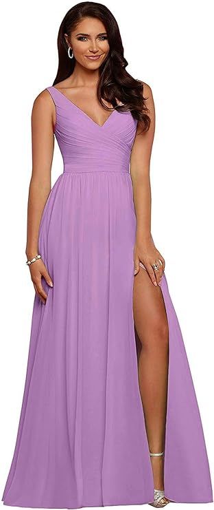 yinyyinhs Slit Bridesmaid Dresses Long V Neck Chiffon Pleated Evening Prom Dress | Amazon (US)