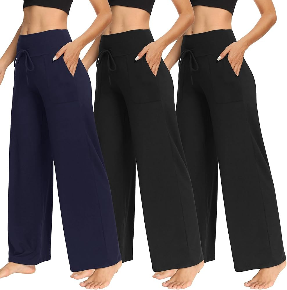 TNNZEET 3 Pack Women's Wide Leg Pants with Pockets - Casual Loose Yoga Trouser Pants Sweatpants P... | Amazon (US)