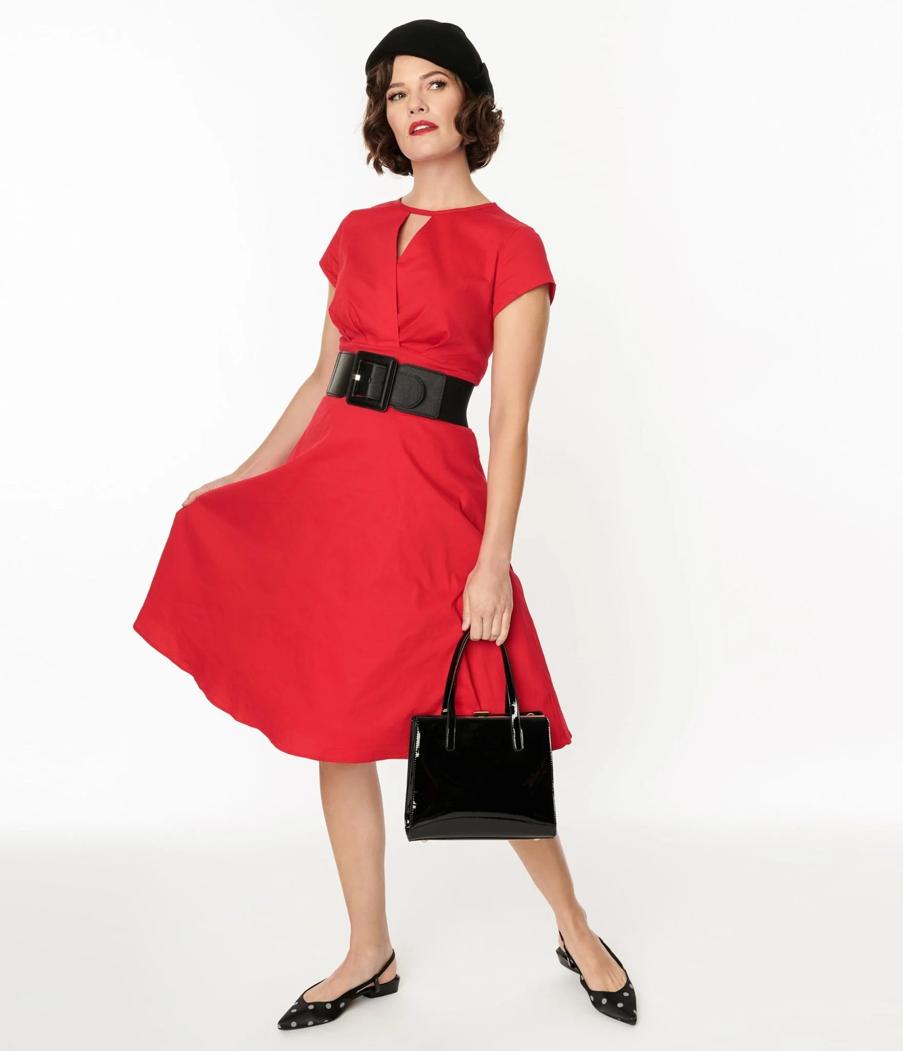 1950s Style Red Cotton Swing Dress | UniqueVintage