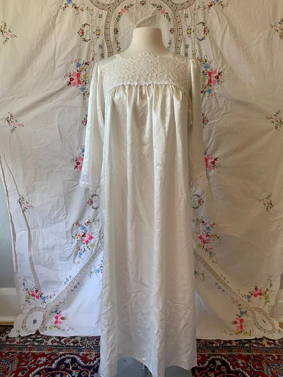 1980s Christian Dior White Satin and Lace Nightgown with Bell Sleeves | Etsy (US)