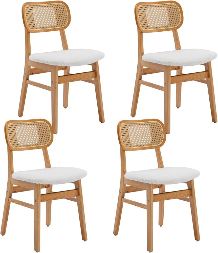 Rattan Dining Chairs Set of 4 White Lambswool Dining Room Chairs Natural Wooden Kitchen Chairs Fa... | Amazon (US)