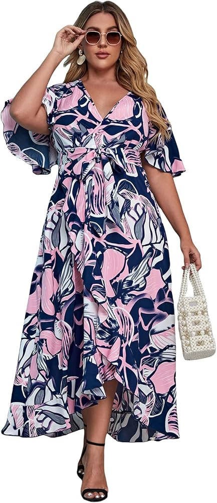 Floerns Women's Plus Size Allover Print V Neck Short Sleeve A Line Maxi Dress | Amazon (US)