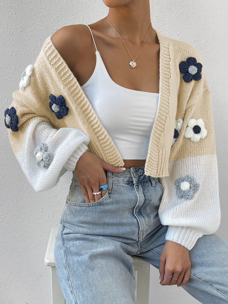 Stereo Floral Color-block Drop Shoulder Duster Cardigan | SHEIN