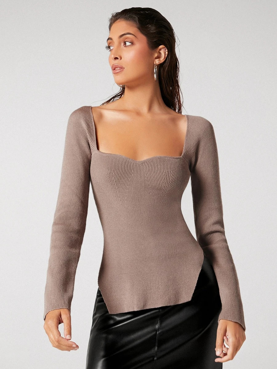 SHEIN Slit Hem Ribbed Knit Sweater
   
      SKU: sw2106192266601112
          
          (1000+ ... | SHEIN
