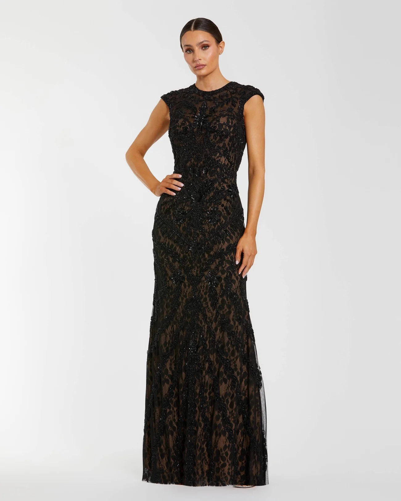 Black Embellished Lace Cap Sleeve Evening Gown | Mac Duggal | Mac Duggal