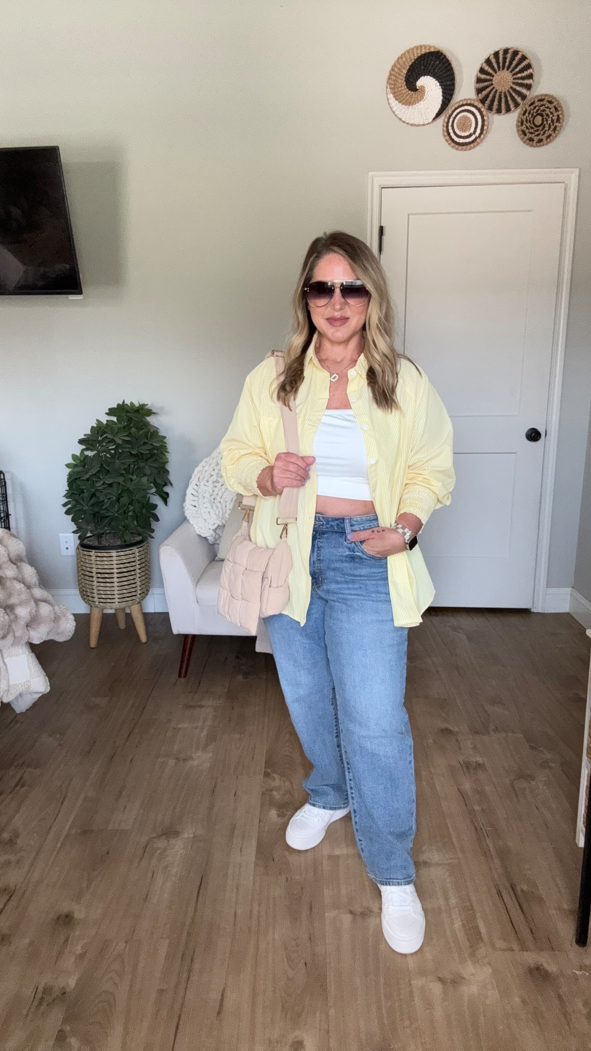 Shirt and tube top size large 
Jeans size 14 petite/could do a 12 
Shoes tts 

#LTKMidsize #LTKPetite #LTKOver40