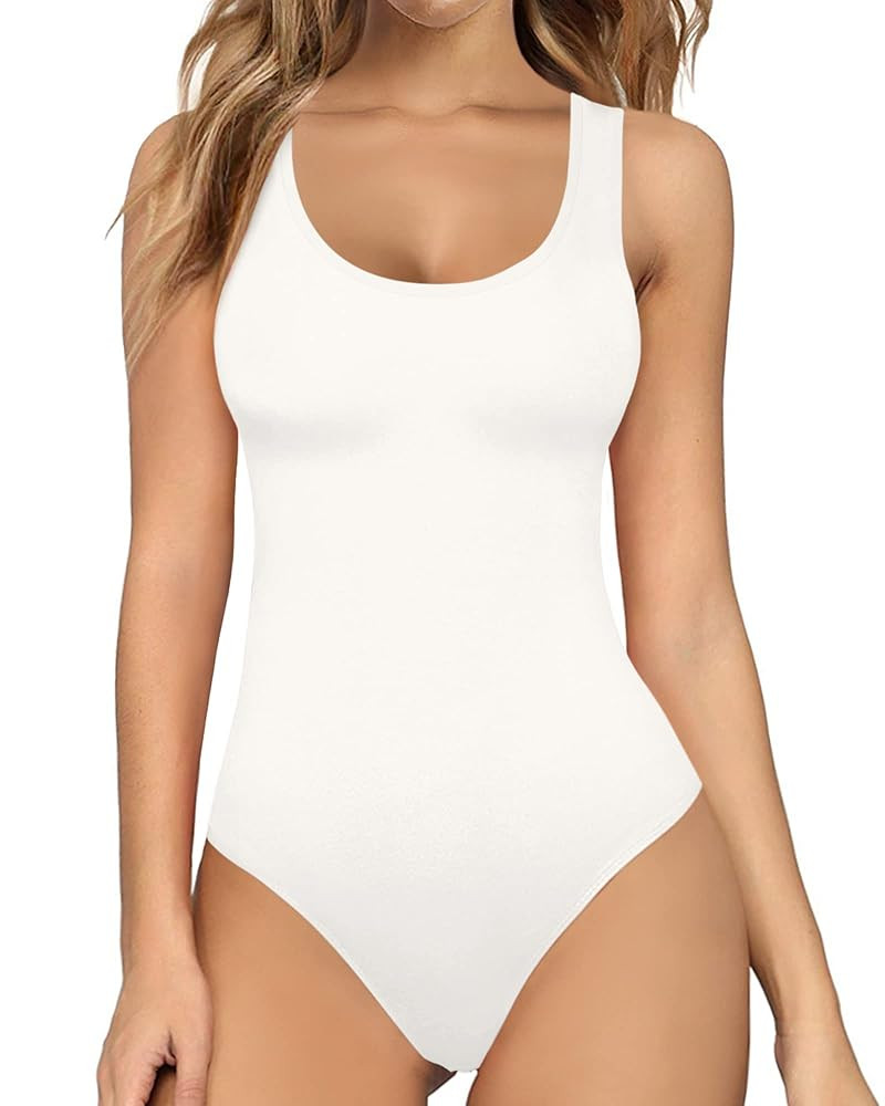MANGOPOP Women's Tank Top Bodysuit Scoop Neck Sleeveless Body suit Sexy Backless Ribbed Tops | Amazon (US)