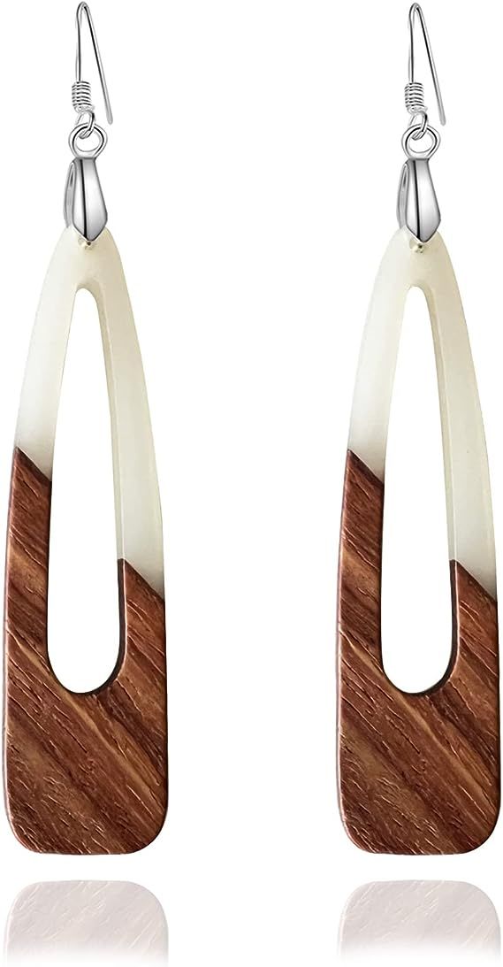 Fiklon Wood Earrings for Women, Wooden Earrings Dangle Brown Black Round Geometric Simple Lightwe... | Amazon (US)