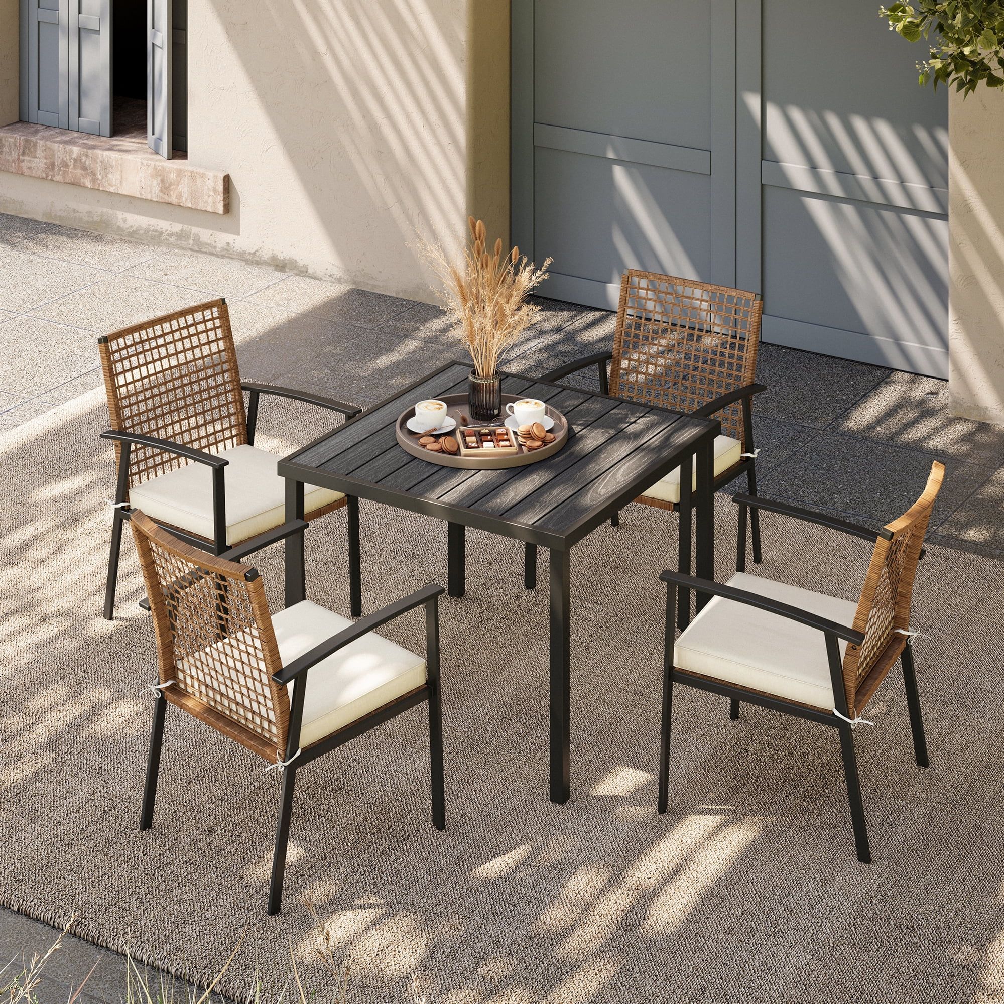 LAUSAINT HOME 5 Pieces Patio Dining Set, 4 PE Wicker Chairs with Beige Seat Cushions  and 1 Squar... | Walmart (US)
