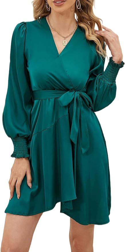 LYANER Women's Satin V Neck Tie Wasit Ruffle Hem Long Sleeve Mini Dress with Belt | Amazon (US)