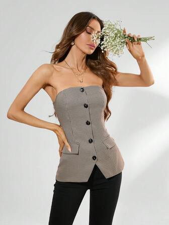 SHEIN Privé Women'S Houndstooth One Button Closure Corset Top | SHEIN