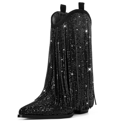 Ouepiano Black Cowboy Boots for Women - Black Cowgirl Rhinestone Boots with Sparkly Fringe Pointed Toe Western Boot Chunky Heel Pull-On Wide Calf Botas Vaqueras Size 9.5 | Amazon (US)