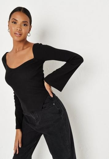 Missguided - Black Wide Rib Asymmetric Hem Milkmaid Top | Missguided (UK & IE)
