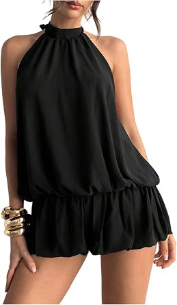 Floerns Women Backless Sleeveless Ruffle Bubble Hem Mesh Halter Mini Dress | Amazon (US)
