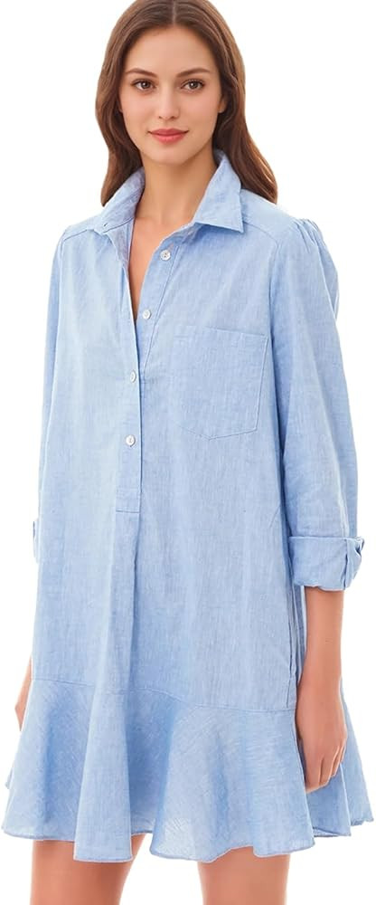 Womens Tunic Shirt Dress Long Sleeve Button Down Collared Ruffle Hem Mini Dresses with Pockets | Amazon (US)
