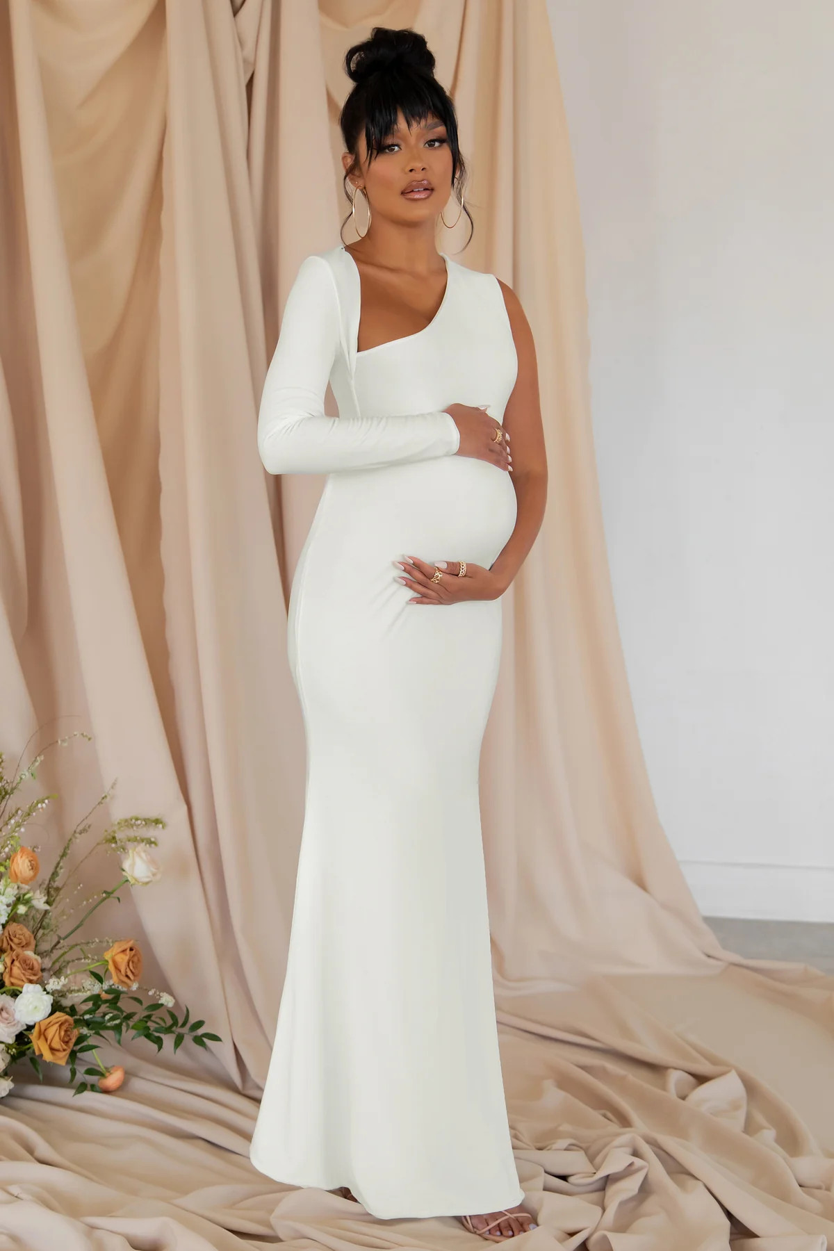 Oh Baby | White Maternity One Shoulder Bodycon Maxi Dress | Club L London
