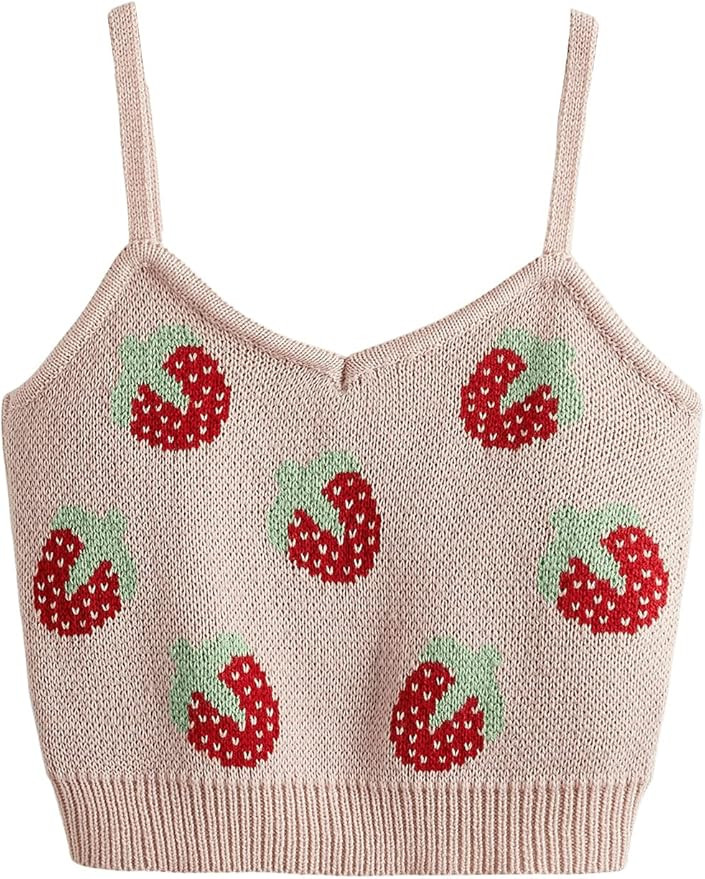 SweatyRocks Women's Lace Patchwork Spaghetti Strap Crop Cami Cute Ribbed Knit Slim Fit V Neck Cam... | Amazon (US)