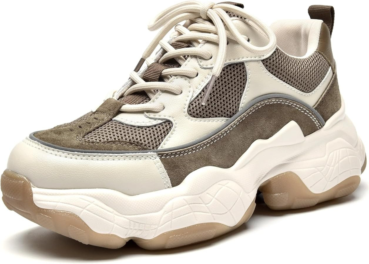 BEAU TODAY Chunky Sneakers for Women, Womens Fashion Sneakers, Lace Up Platform Comfortable Leath... | Amazon (US)