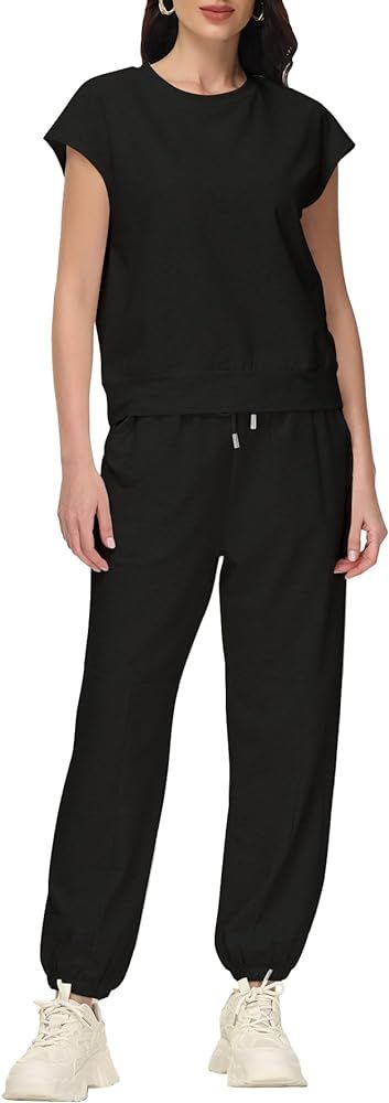 Womens 2 Piece Outfits Cap Sleeve Tops High Waist Pants Set Summer Loungewear 2024 | Amazon (US)