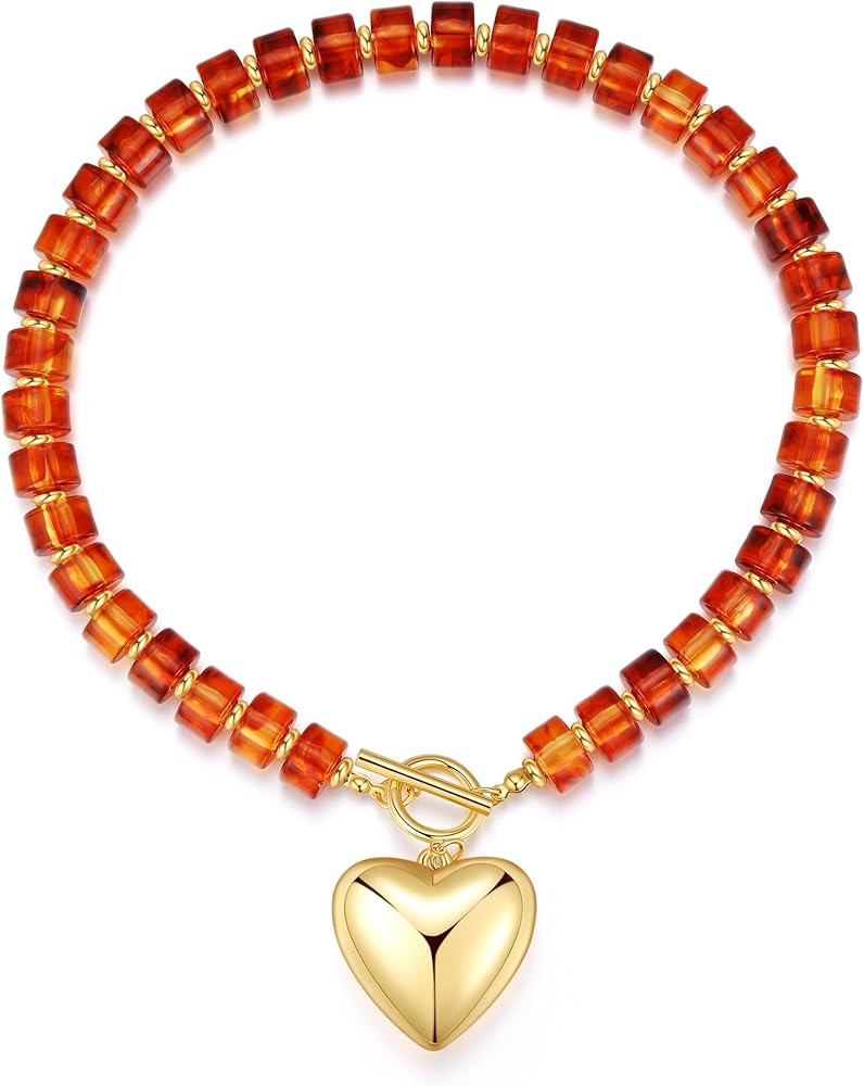 GZQ Chunky Gold Heart Necklace for Women, Acrylic Beaded Chain with Puff Heart Adjustable Clasp, ... | Amazon (US)