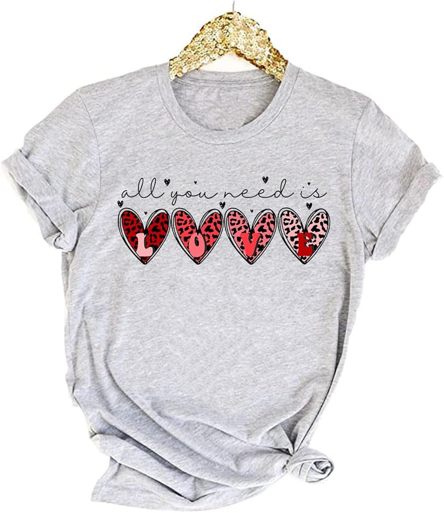Womens Valentines Day Shirts Print Graphic Tees Cute Leopard Love Heart Shirts Casual Short Sleev... | Amazon (US)