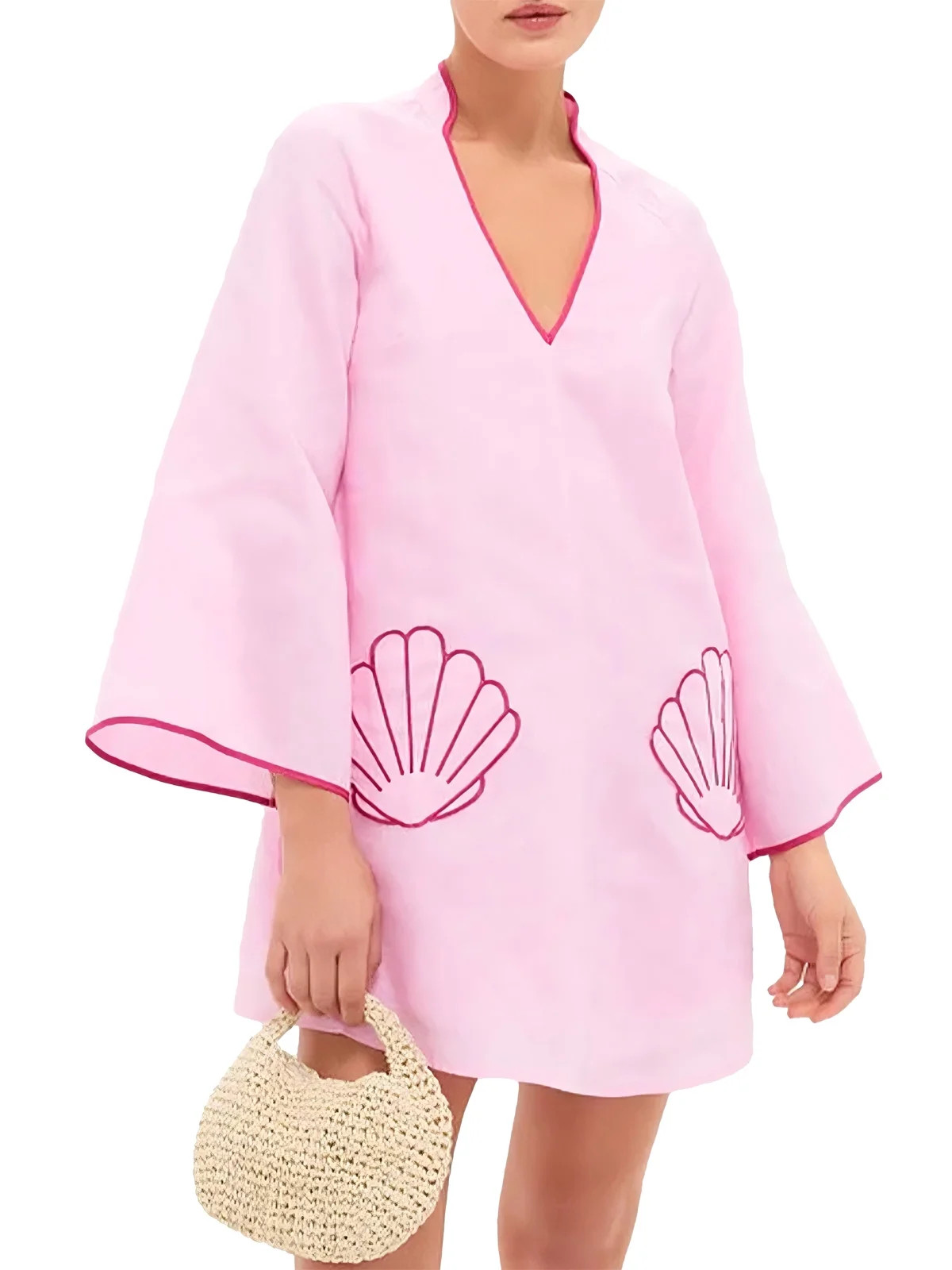 Czanzd Women's V-Neck Babydoll Mini Dress 3/4 Sleeve Loose Fit Summer Cover Up with Shell Embroid... | Walmart (US)