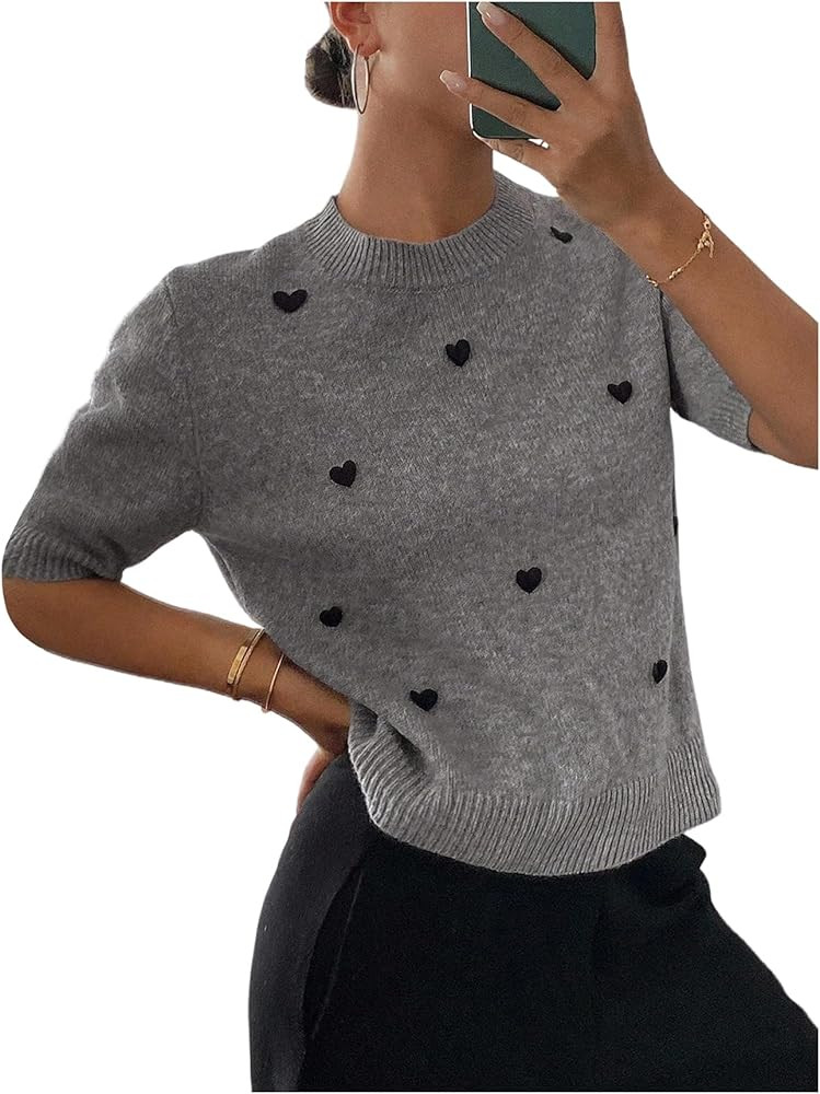 GORGLITTER Women's Short Sleeve Heart Sweater Cropped Embroidered Crew Neck Ribbed Knit Tops | Amazon (US)