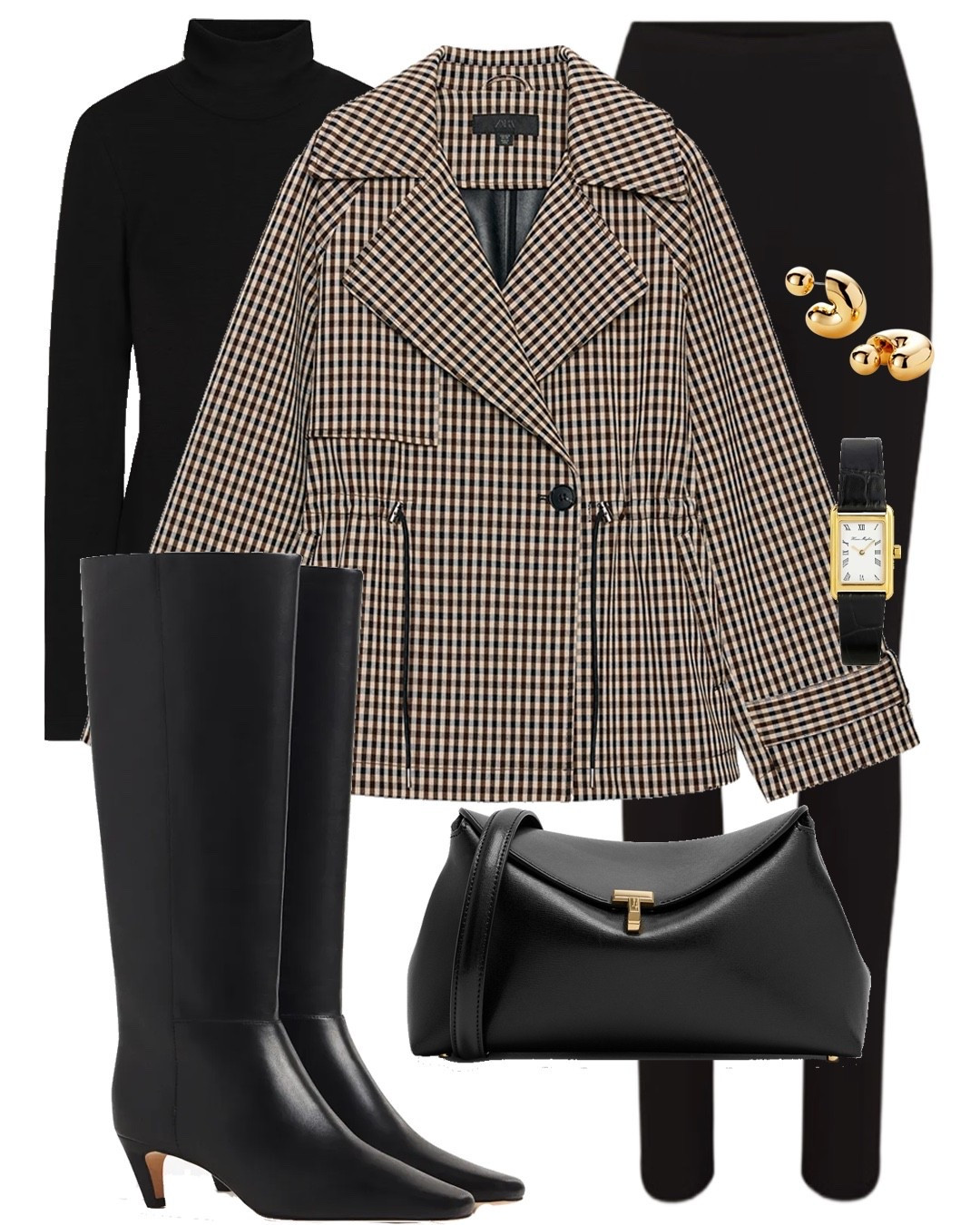 Check plaid trench jacket black leggings knee high boots tlock bag

#LTKuk #LTKautumn #LTKeurope
