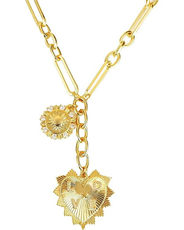 Heart Necklaces for Women, 18K Gold plated Sun Pendant Necklace Chunky Gold Heart Chain Aesthetic... | Amazon (US)