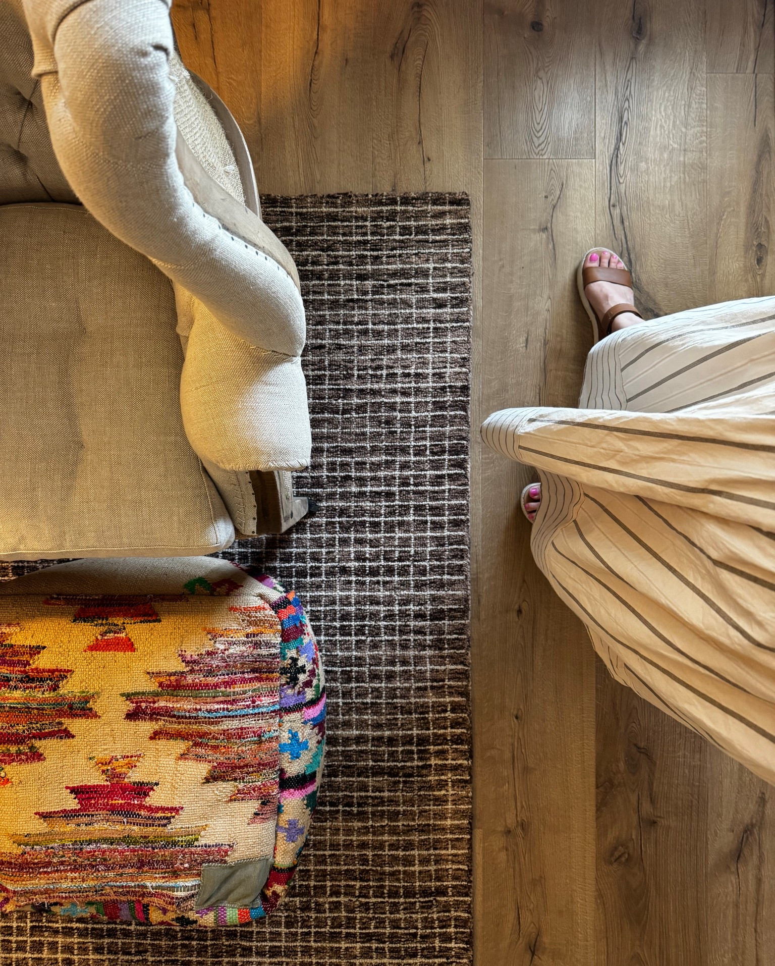 This rug keeps making me love it more with each day! area rug | neutral rug | comfortable shoes | platform sandals | stripe dress | neutral dress | leather sandals 

#LTKShoeCrush #LTKHome #LTKTall