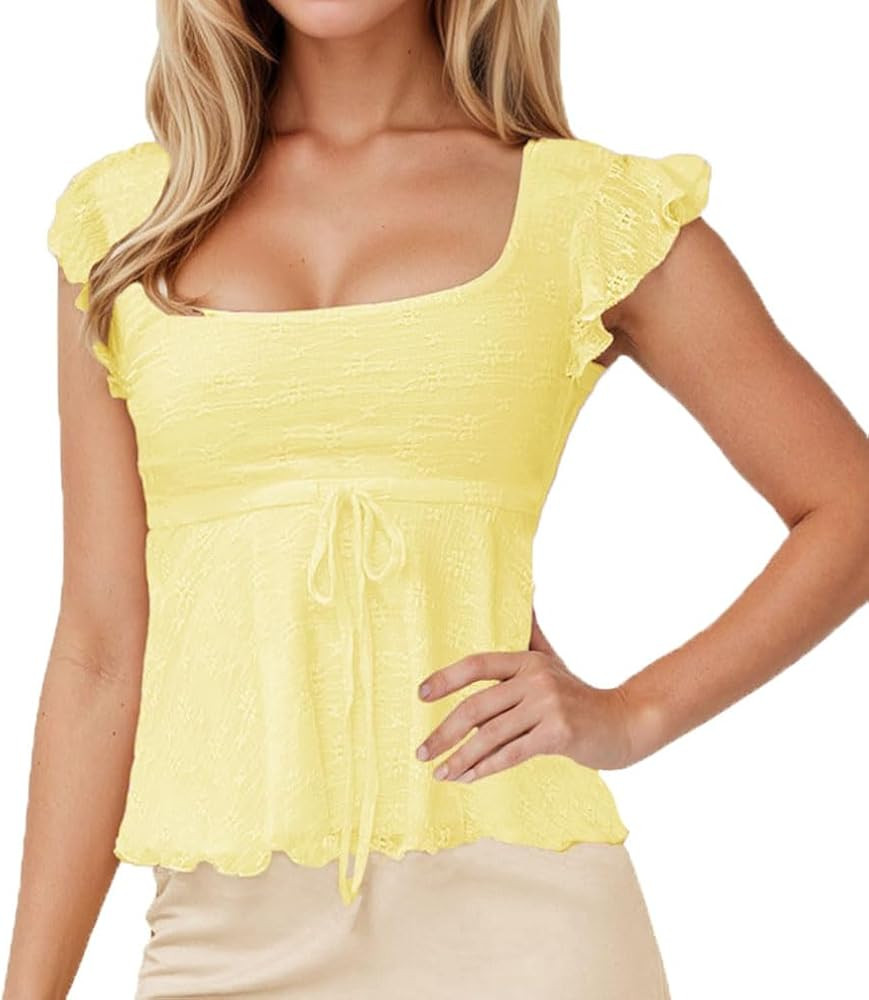 Women Trendy Square Neck Cap Sleeve Peplum Top Y2k Lace Up Layered Lettuce Trim Flared Ruffle Hem... | Amazon (US)