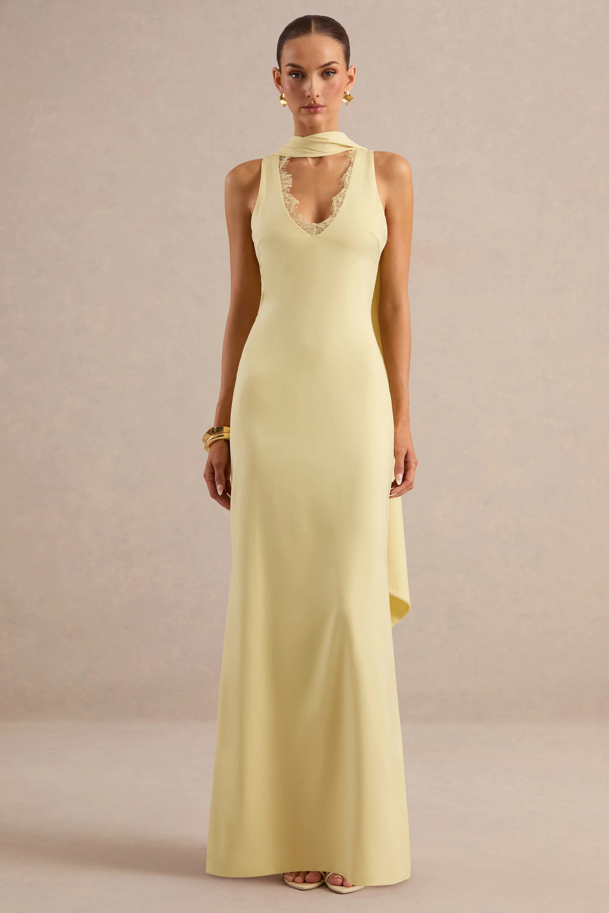 True Icon | Lemon Satin High-Neck Maxi Slip Dress With Sash | Club L London