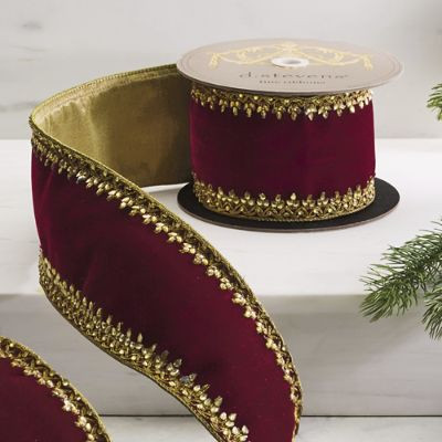 Burgundy Jeweled Trim Velvet Ribbon with Wired Edges & Indoor Use Flexibility | Frontgate