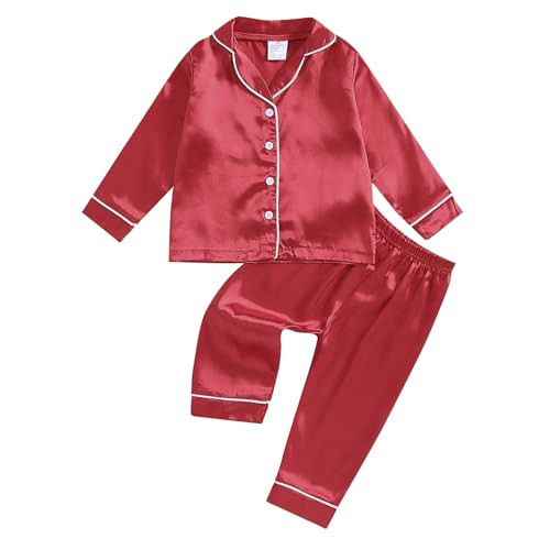 fyclemt Toddler Baby Girl Satin Pajama Set Feather Trim Long Sleeve Button Down Shirt Top Long Pants 2PCS Pjs Sleepwear Lounge Sets (Red Silk Pajamas Solid, 1-2 Years) | Amazon (US)