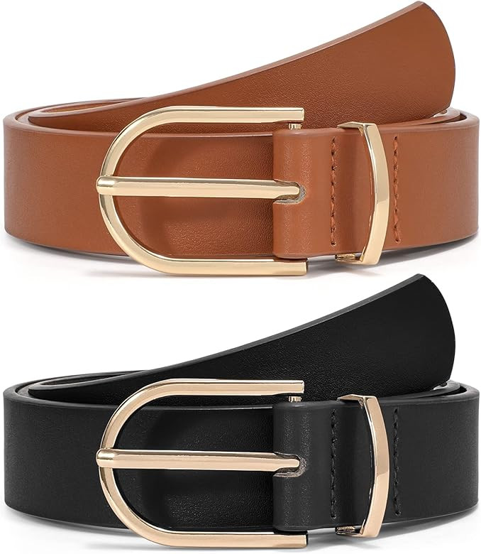 VONMELLI 2 Pack Women's Leather Belts for Jeans Pants Fashion Gold Buckle Ladies Dress Belt | Amazon (US)