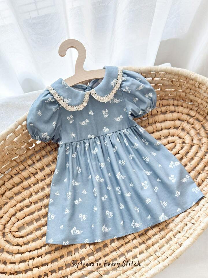 Cozy Pixies Baby Girl Floral Print Color Block Ruffle Collar Puff Sleeve Cinched Waist Midi Dress | SHEIN