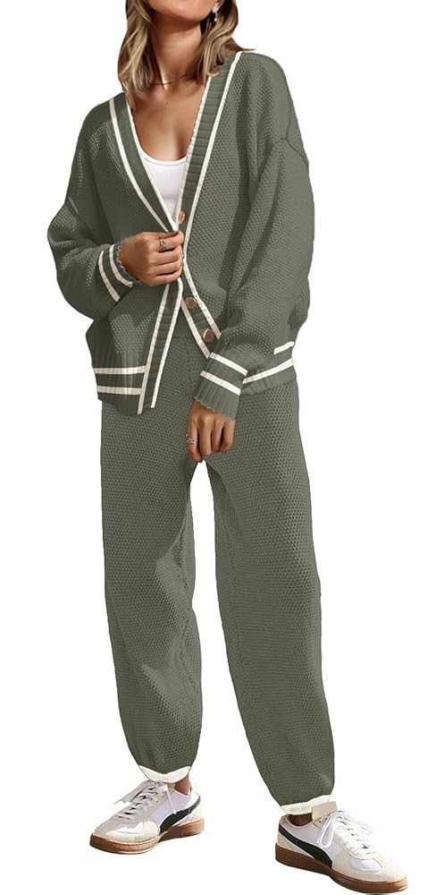 SAUKOLE Womens Two Piece Outfits Knit Sweater Sets Oversized Button Down Cardigan and Long Pants ... | Amazon (US)
