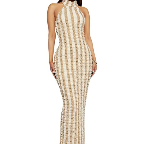 Novaorily Womens Casual Sexy Halter Sleeveless Sundresses Bubble Textured Backless Prom Cocktail Maxi Dresses Brown | Amazon (US)