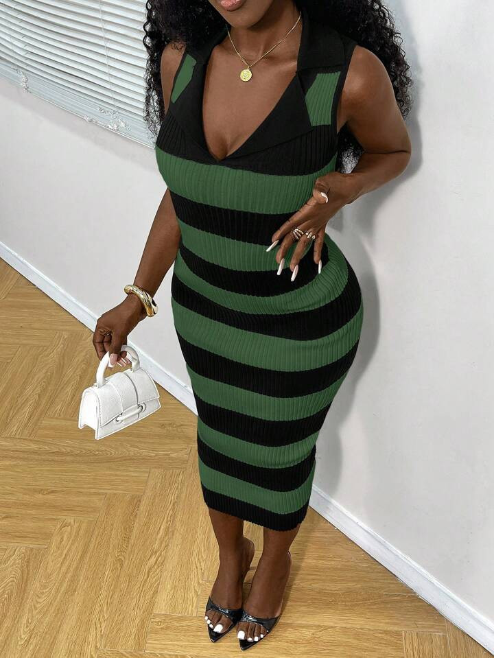 Allurite Women Striped V-Neck Sleeveless Bodycon Knit Dress | SHEIN