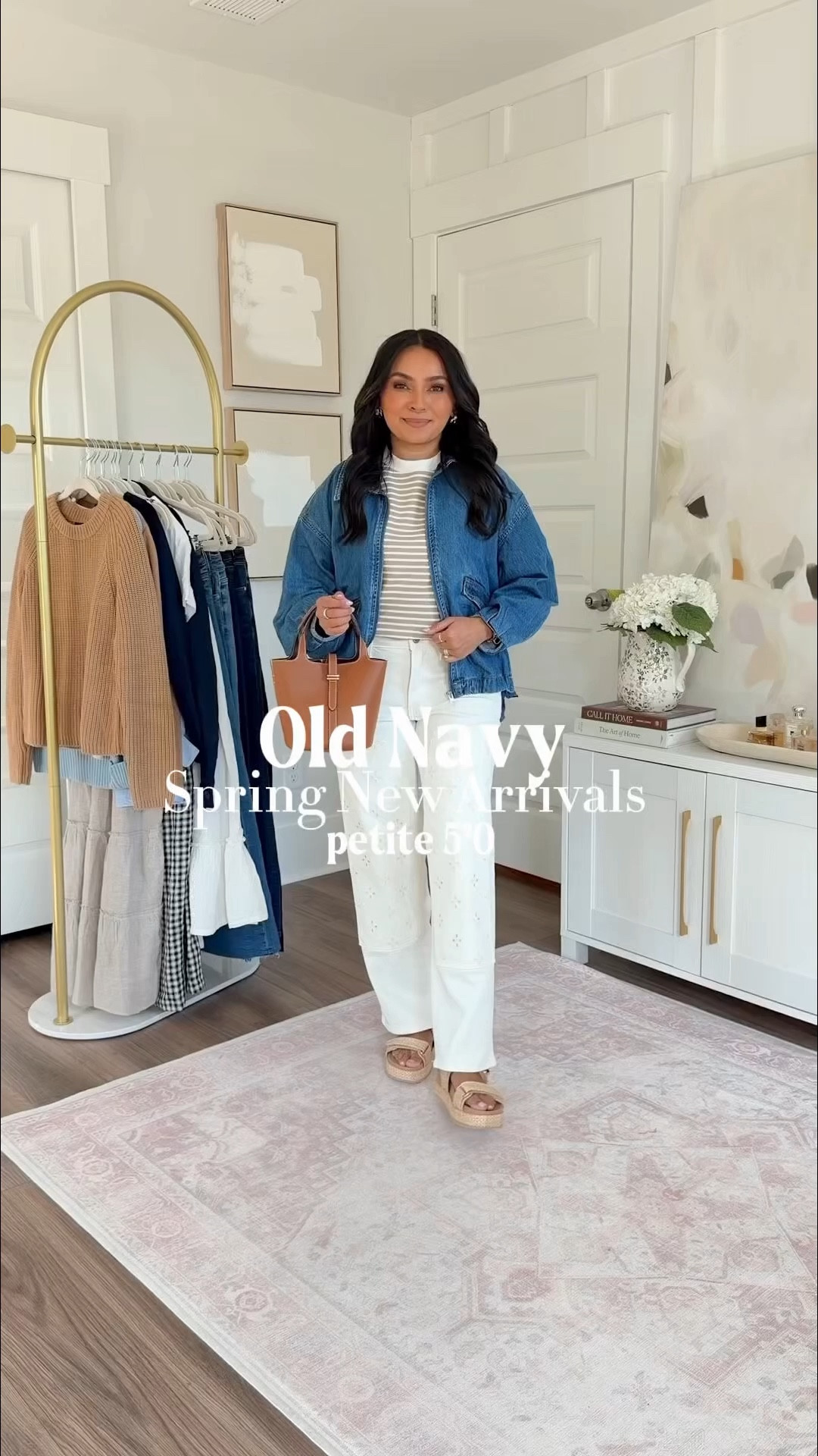 Old Navy Try on!
For reference: I’m 5’0, 32b bra size, and 2/26 in bottoms, pear shaped. 
*Everything I share is unaltered! TTS means true to size. Between size 5-6.5 in shoes

Earth brown stripe tee size xs petite TTS
Denim jacket size xs petite TTS
Ecru eyelet jeans size 2 petite TTS
Tan sandals size 5.5 TTS

Blue stripe midi shirt dress size xs petite TTS
Clear heels size 5 TTS

White tee size xs petite TTS
Light blue cardigan size small TTS
Blue floral jeans size 2 petite TTS
Sneakers size 6 TTS

Navy blue check dress size xs petite TTS
Red cardigan size small TTS
Clear heels size 5 TTS

Green top size xs petite TTS - this color is currently sold out but keep checking back for restocks!
White jeans size 2 petite TTS
Clear heels size 5 TTS 

#LTKgrwm #LTKootd #LTKPetite