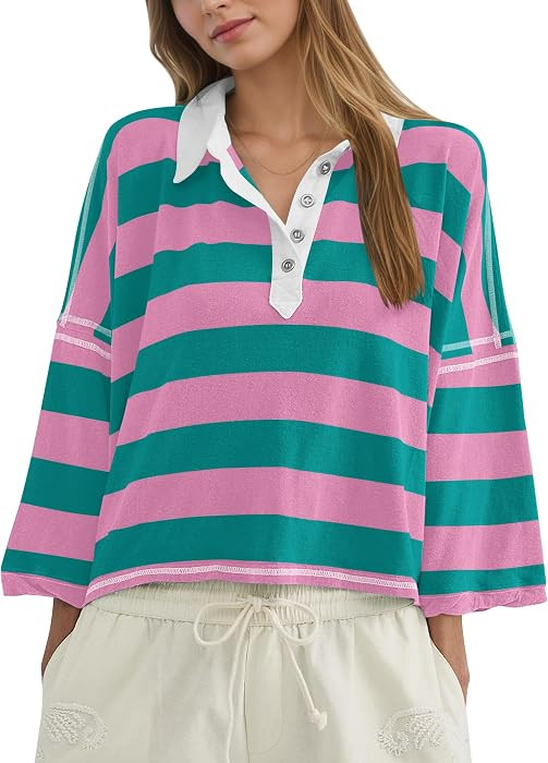 Meladyan Women's Oversized Striped Polo Shirt 3/4 Sleeve Cropped Boxy Tees Side Split Button Fron... | Amazon (US)