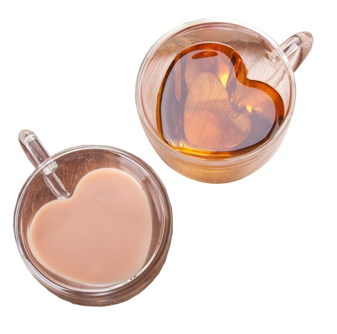 Heart Shaped Espresso Cups Set Of 2-Double Wall Glass Coffee Cup Insulated Mugs With Closed Handle-H | Amazon (US)